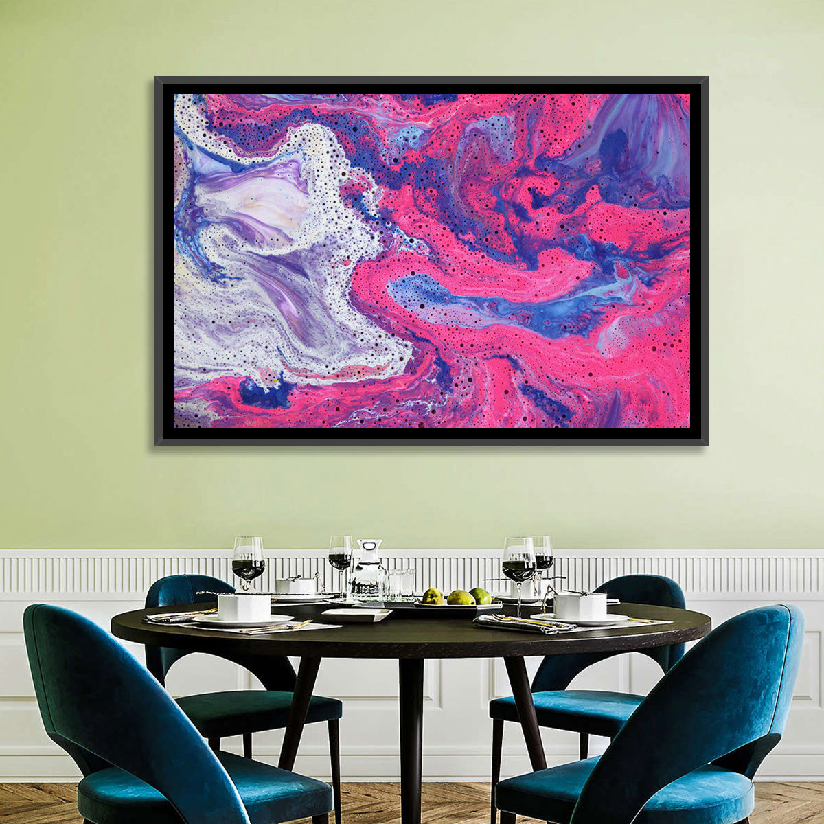 Magenta Bubble Fluid Abstraction Wall Art in a room, landscape
