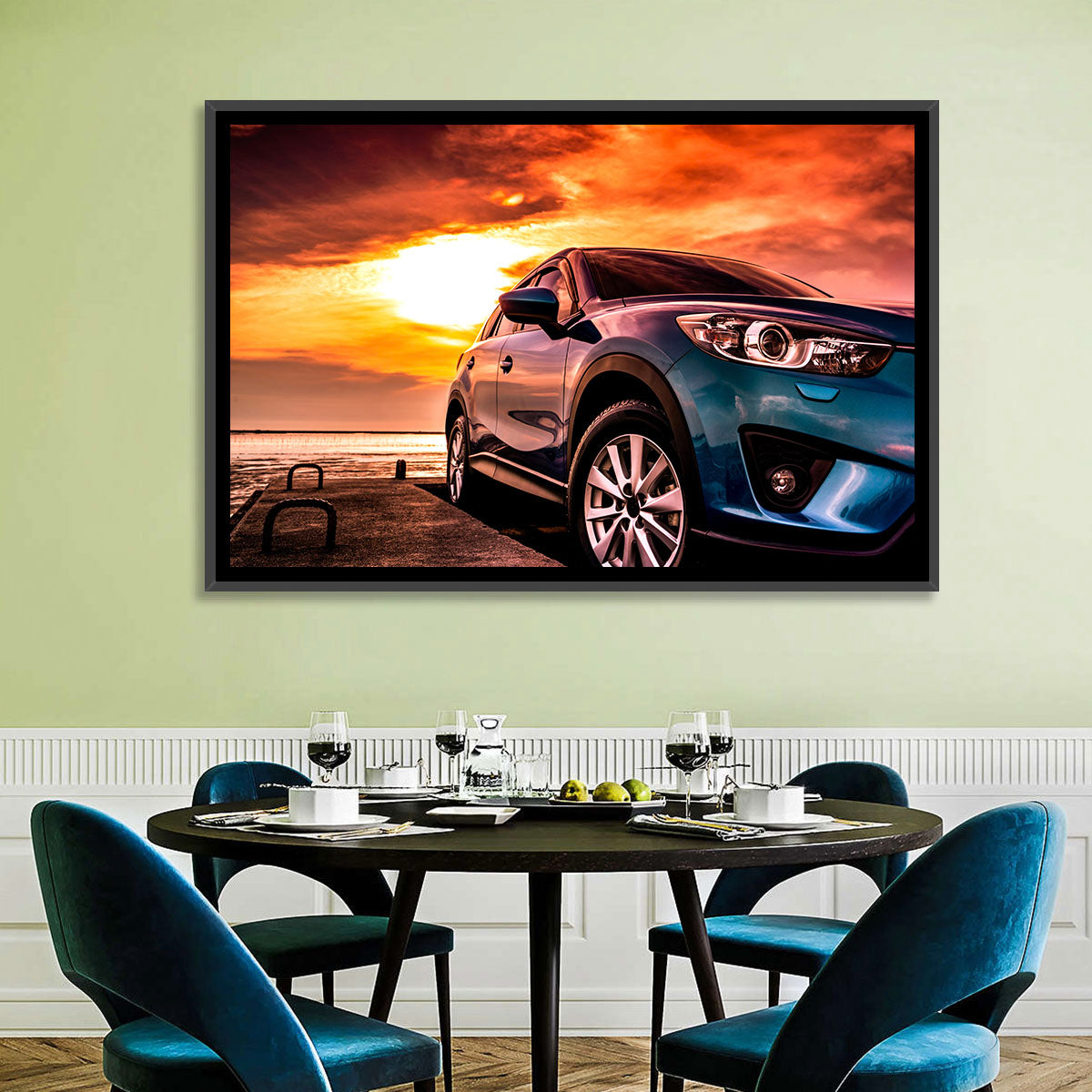 Suv on Pier at Sunset Wall Art in a room, landscape