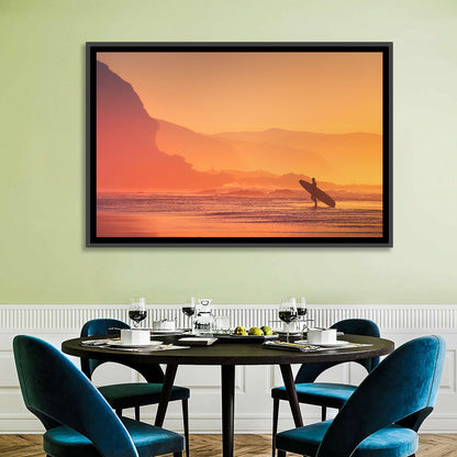 Surfer Silhouette at Golden Sunset Wall Art