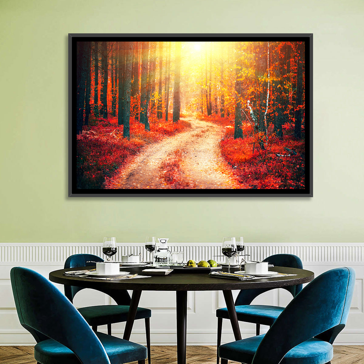 Golden Path Through Autumn Woods Wall Art in a room, landscape