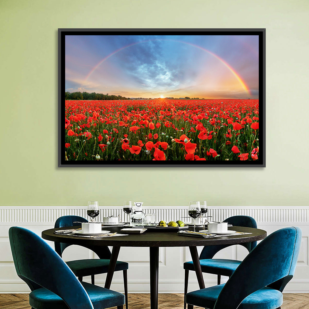 Poppy Field with Double Rainbow Wall Art in a room, landscape