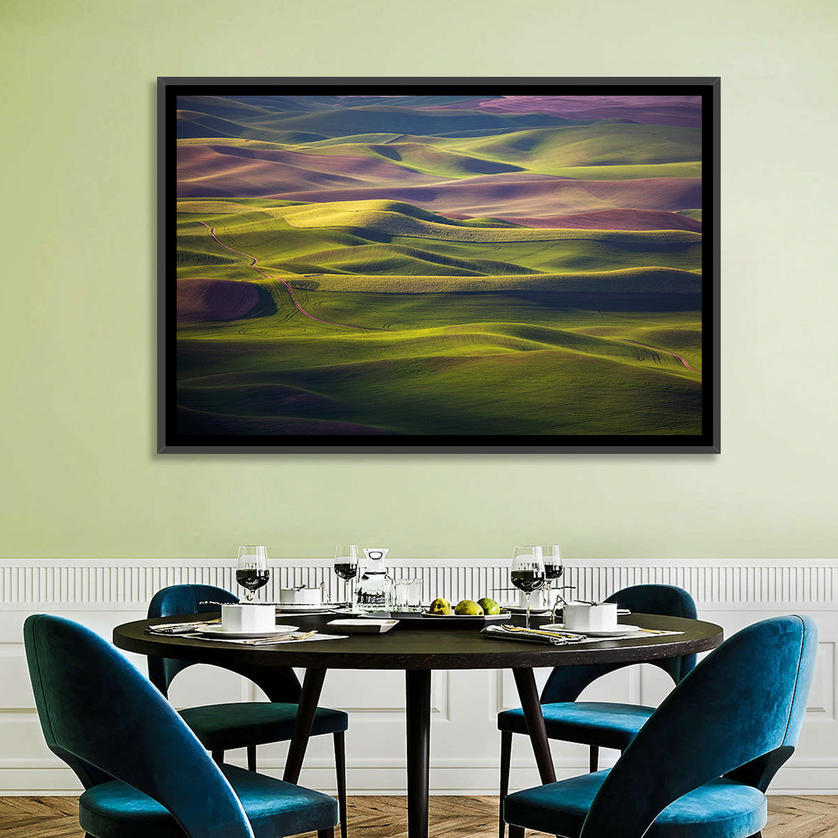 Palouse Farmland at Golden Hour Wall Art in a room, landscape