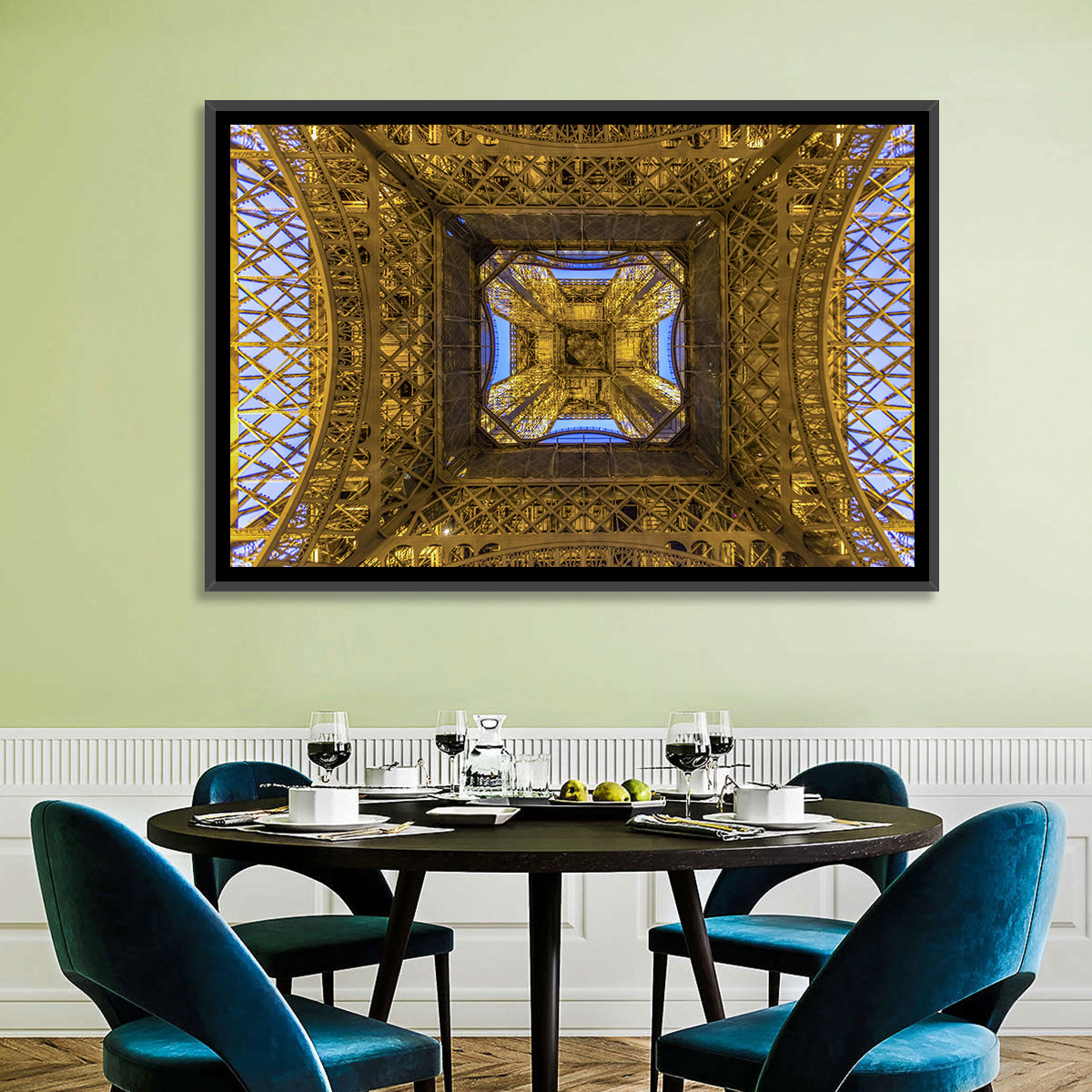 Eiffel Tower Lattice at Dusk Wall Art in a room, landscape