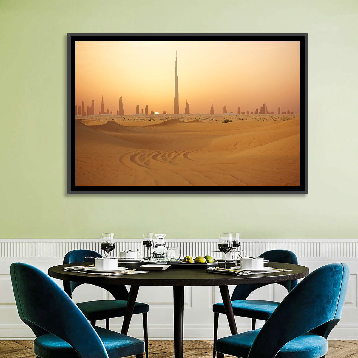 Dubai Skyline at Sunset Wall Art in a room, landscape