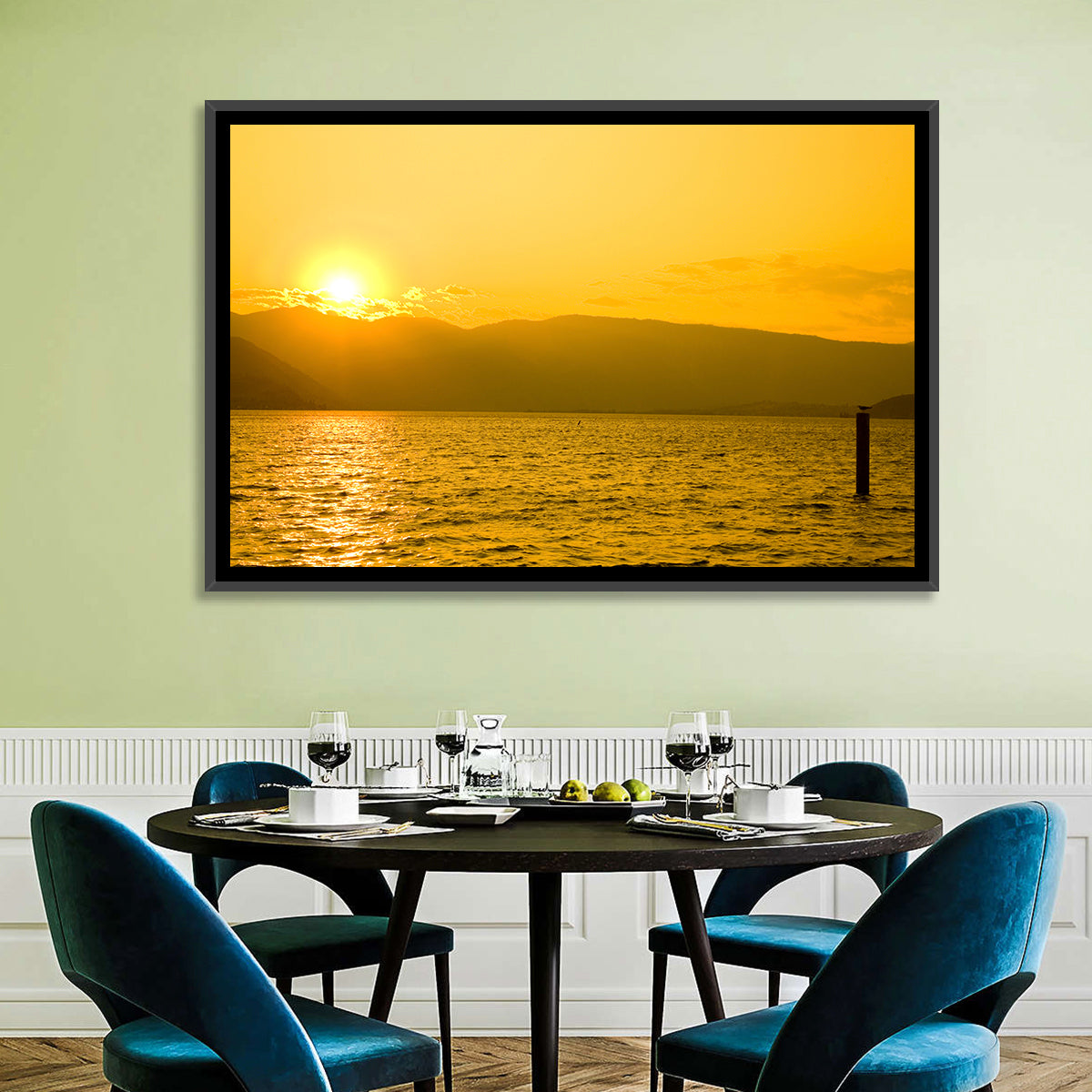Lake Chelan Sunset Wall Art in a room, landscape