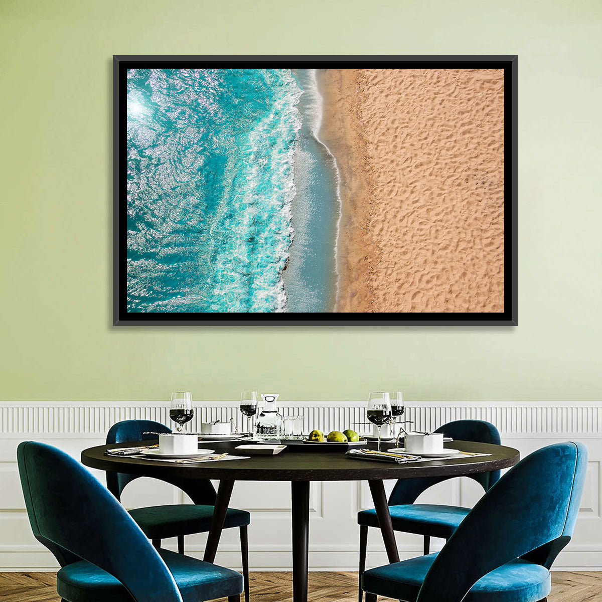 Turquoise Coastline Aerial Wall Art in a room, landscape