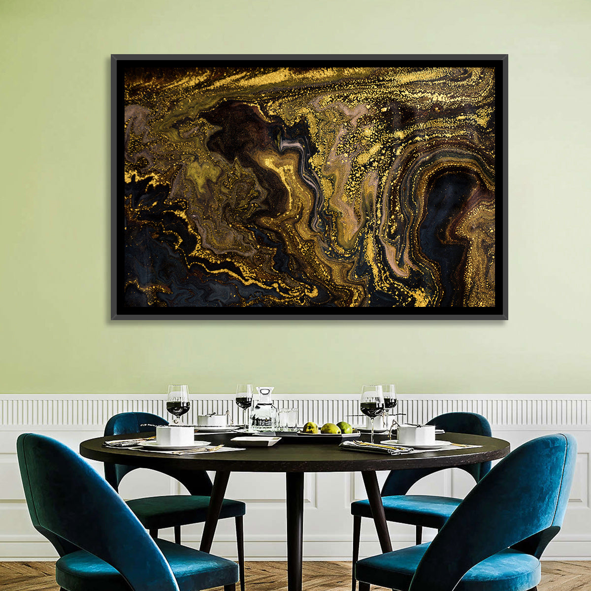 Black and Gold Marble Abstraction Wall Art in a room, landscape