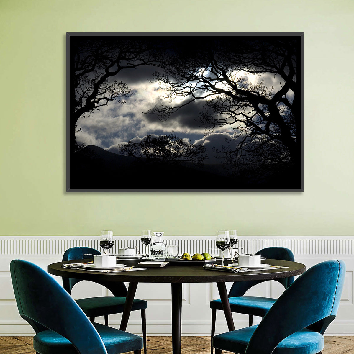 Storm Clouds Over Silhouetted Trees Wall Art in a room, landscape