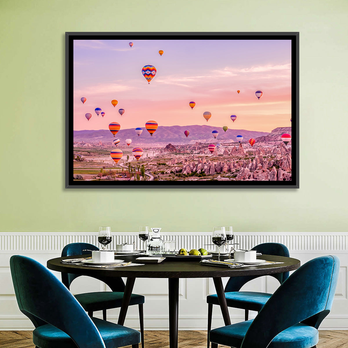 Cappadocia Hot Air Balloons Wall Art in a room, landscape