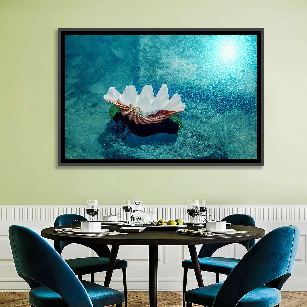 Giant Clam Shell Wall Art in a room, landscape