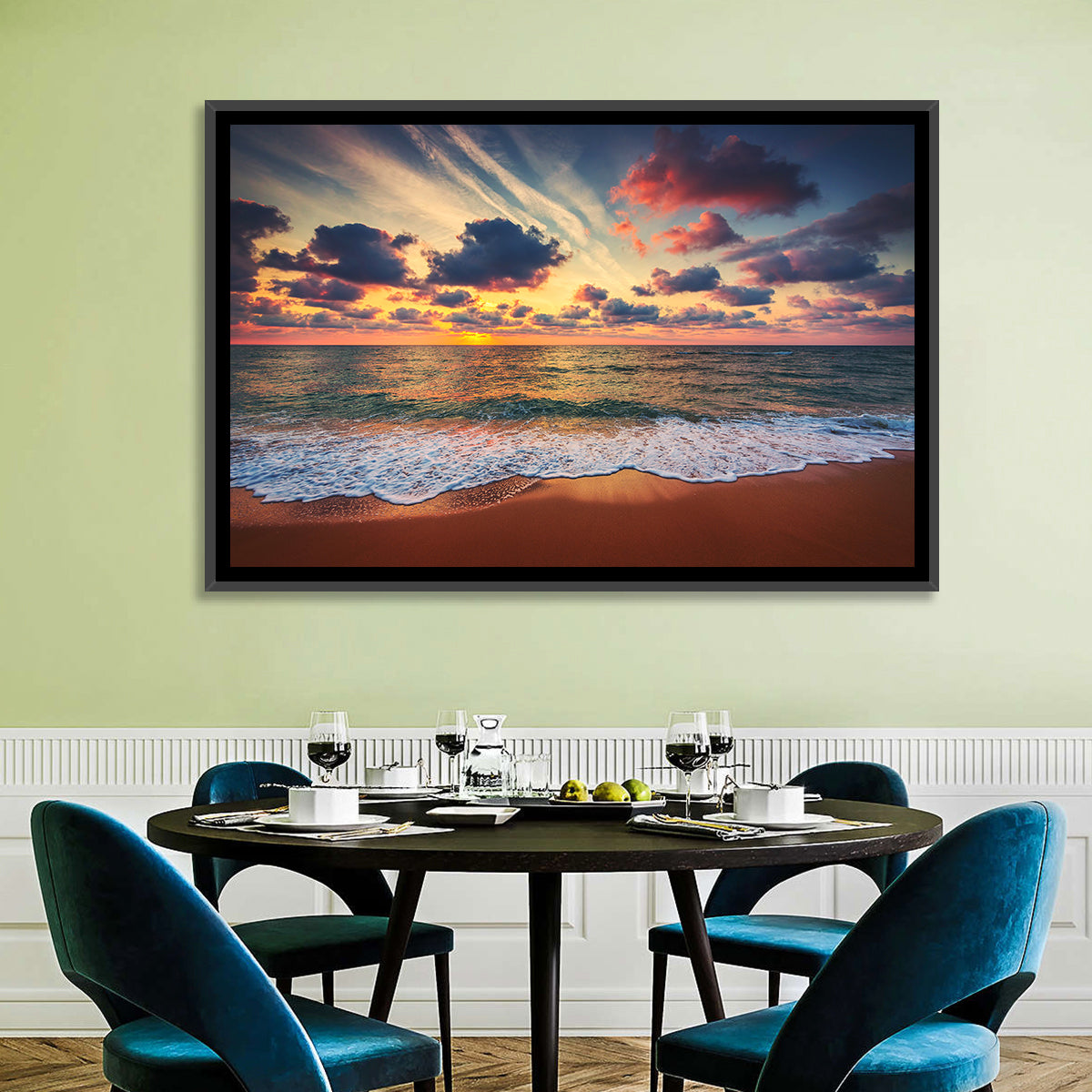 Golden Hour Beach Waves Under Cloudy Sky Wall Art in a room, landscape