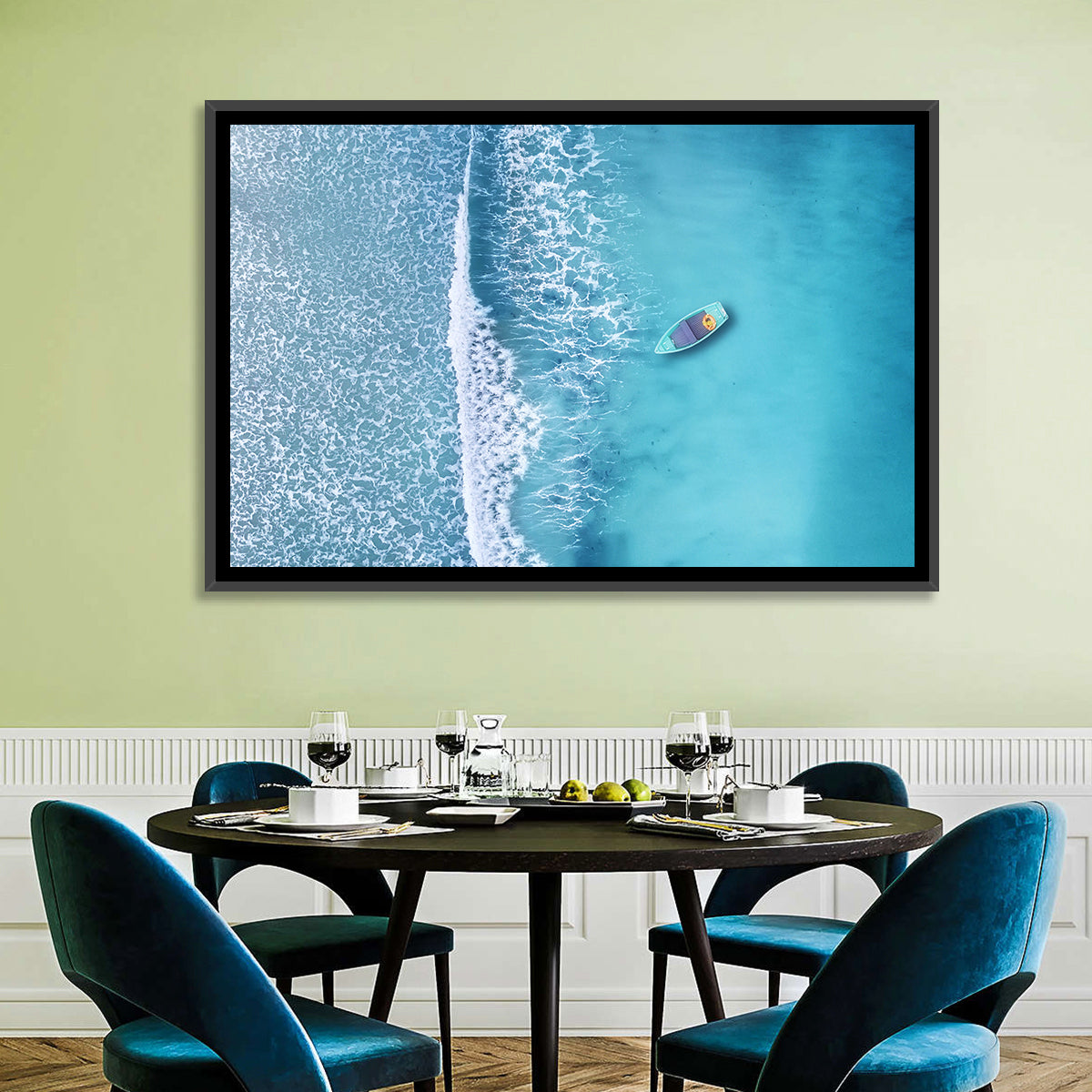 Lone Boat Over Turquoise Waves Wall Art