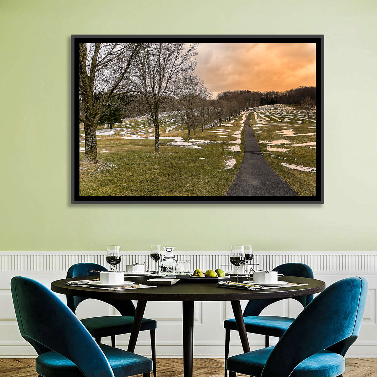 Roscoe Conkling Park Winter Path Wall Art in a room, landscape