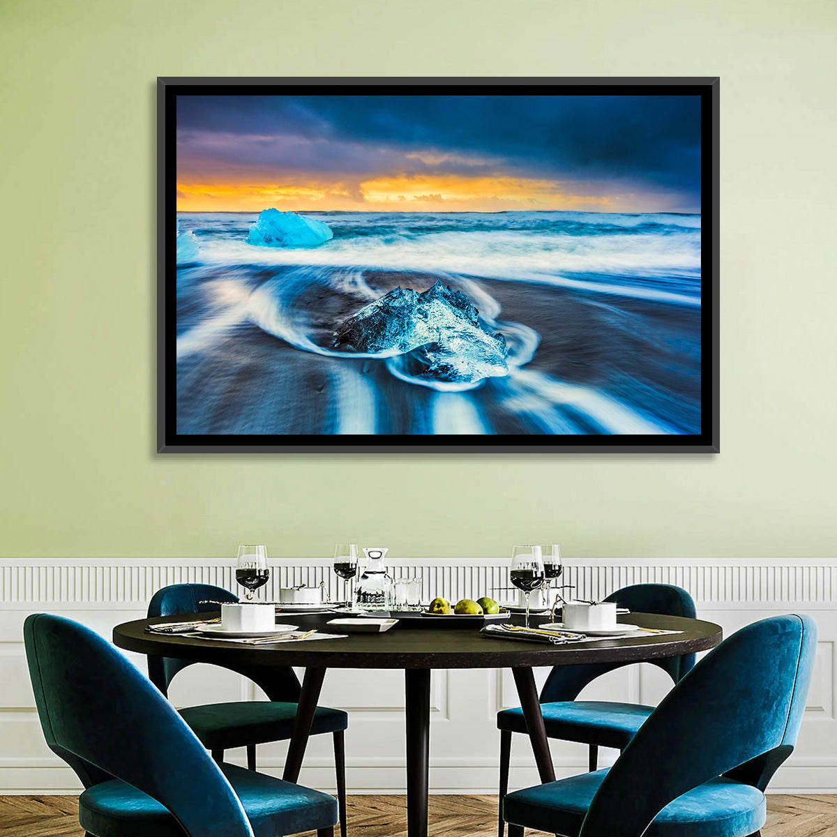 Diamond Beach Ice at Dusk Wall Art in a room, landscape