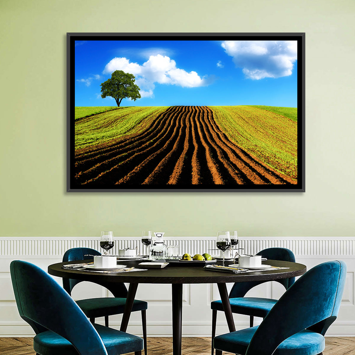 Plowed Field with Lone Tree Wall Art in a room, landscape