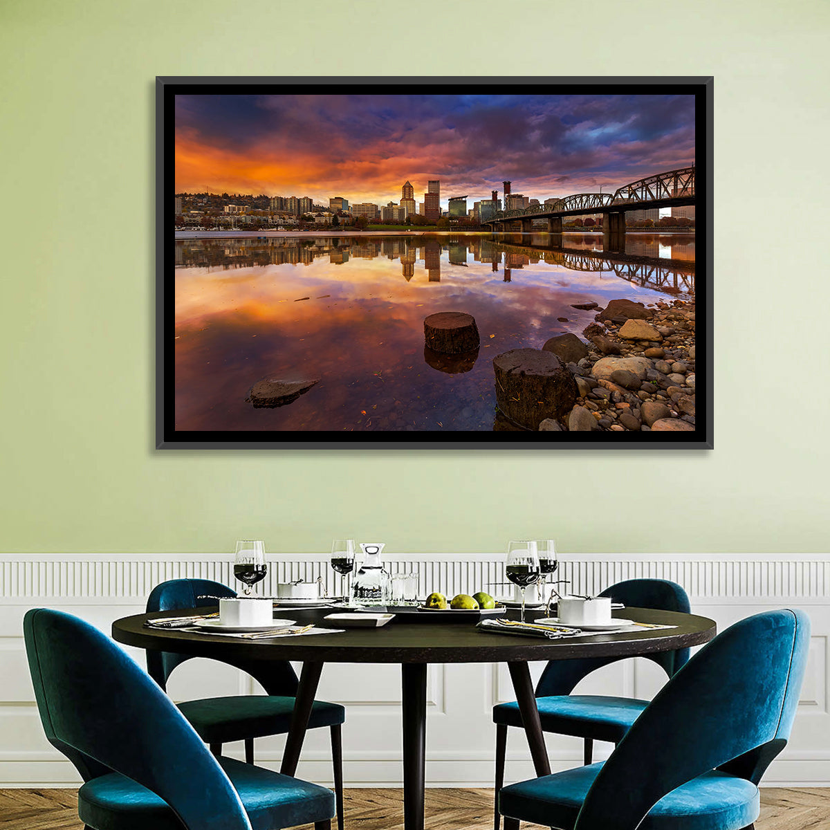 Portland Skyline at Sunset Wall Art in a room, landscape