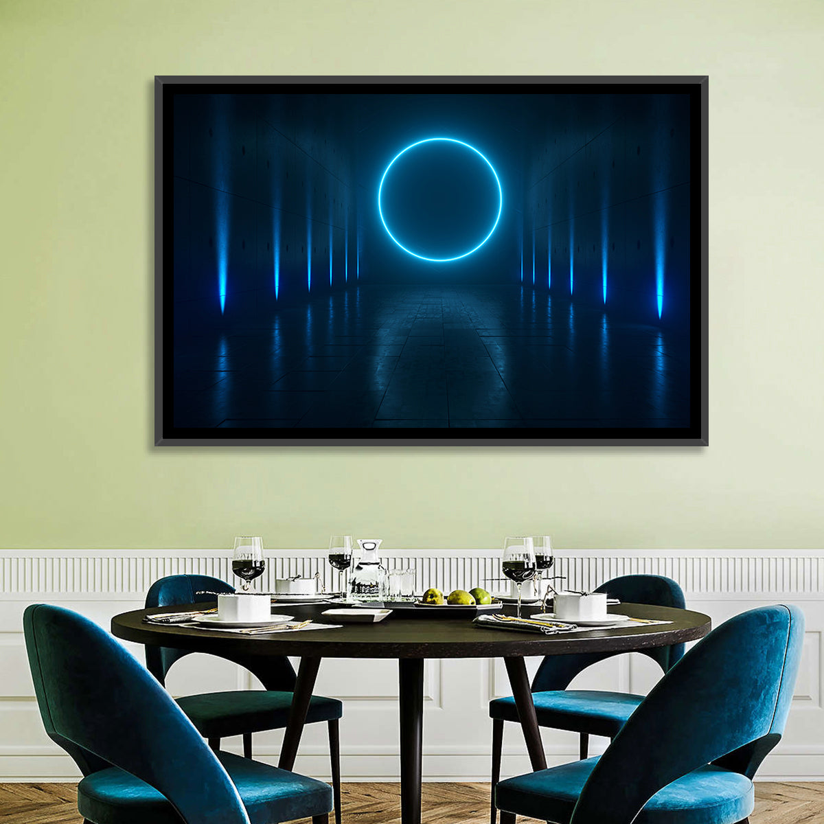 Glowing Neon Corridor Wall Art in a room, landscape