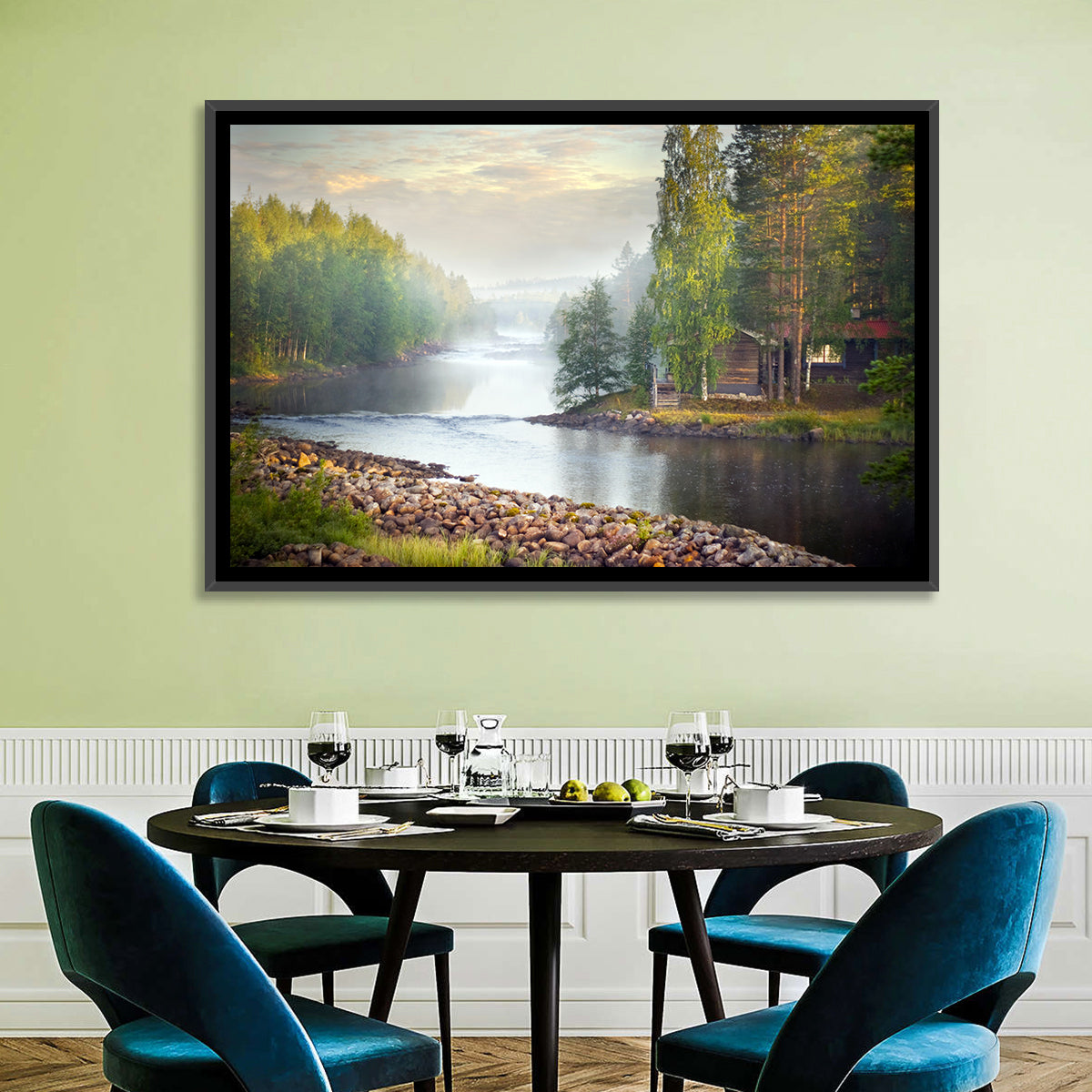 Misty River with Red Roof Cabin Wall Art in a room, landscape