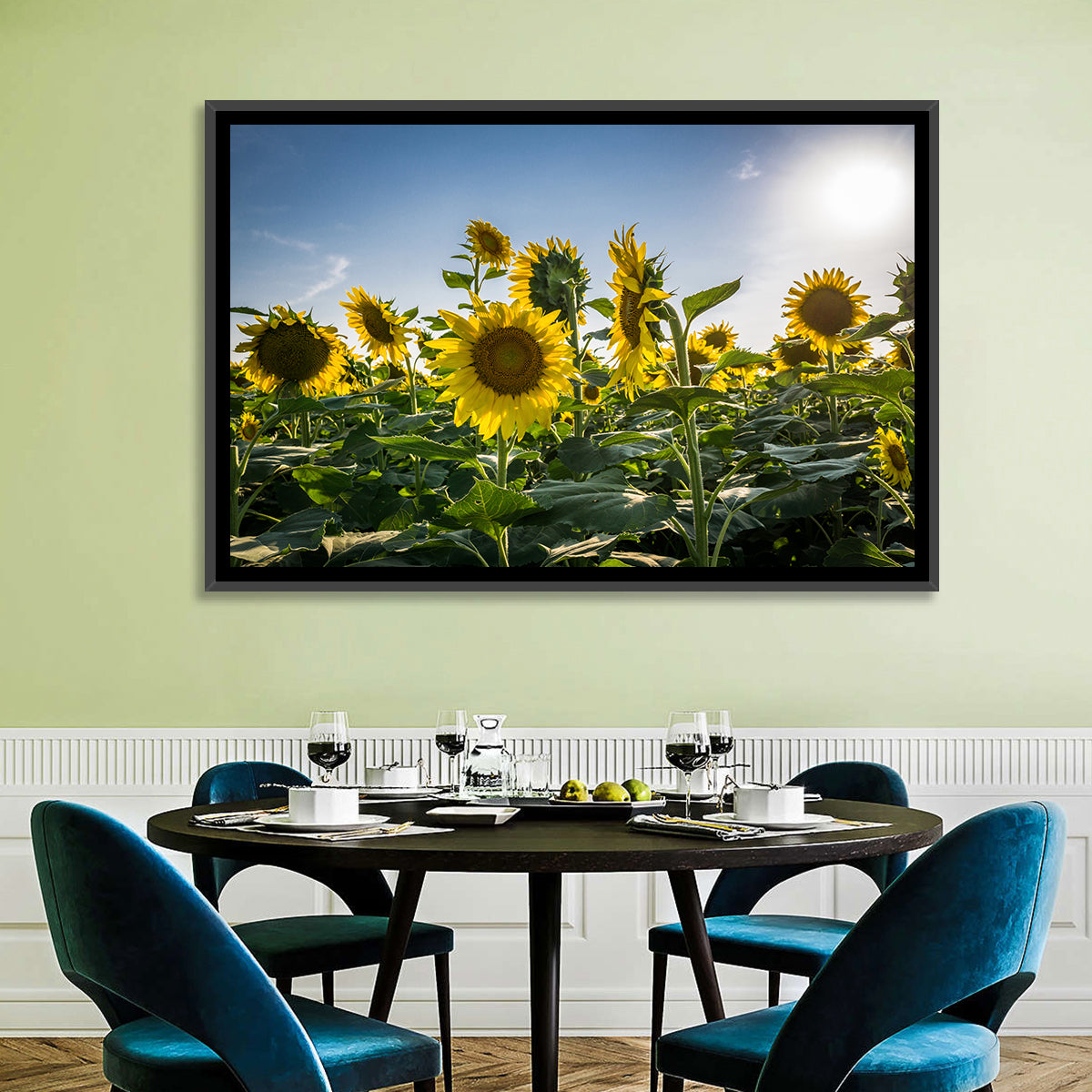 Backlit Sunflower Field Wall Art in a room, landscape