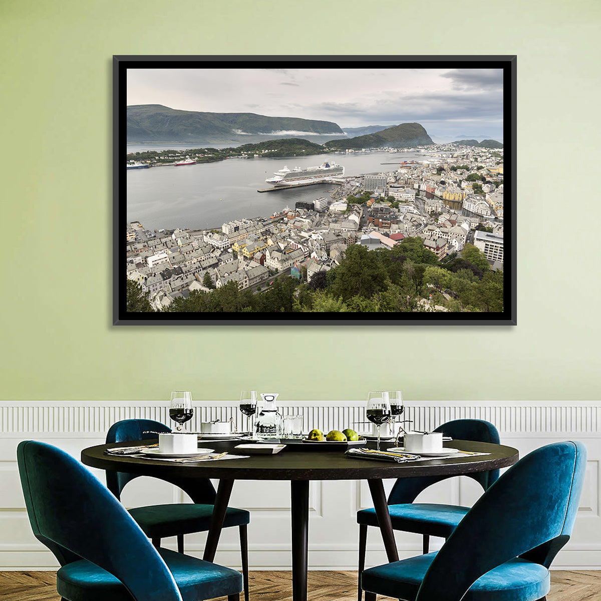 Alesund Harbor Cityscape Wall Art in a room, landscape
