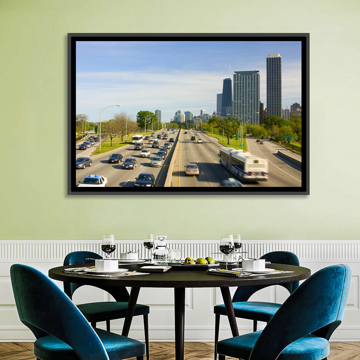 Chicago Expressway Toward Downtown Skyline Wall Art in a room, landscape