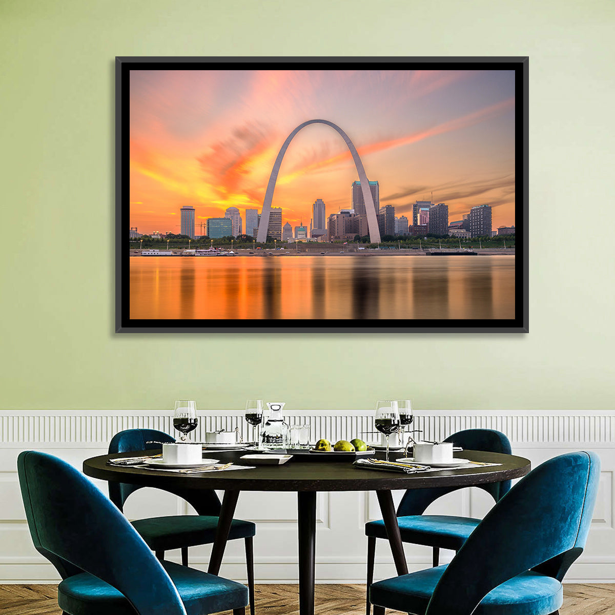 St. Louis Gateway Arch Skyline Wall Art in a room, landscape