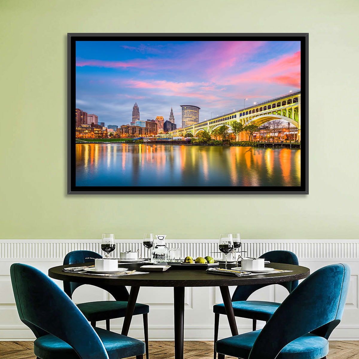 Cleveland Skyline at Dusk Wall Art in a room, landscape