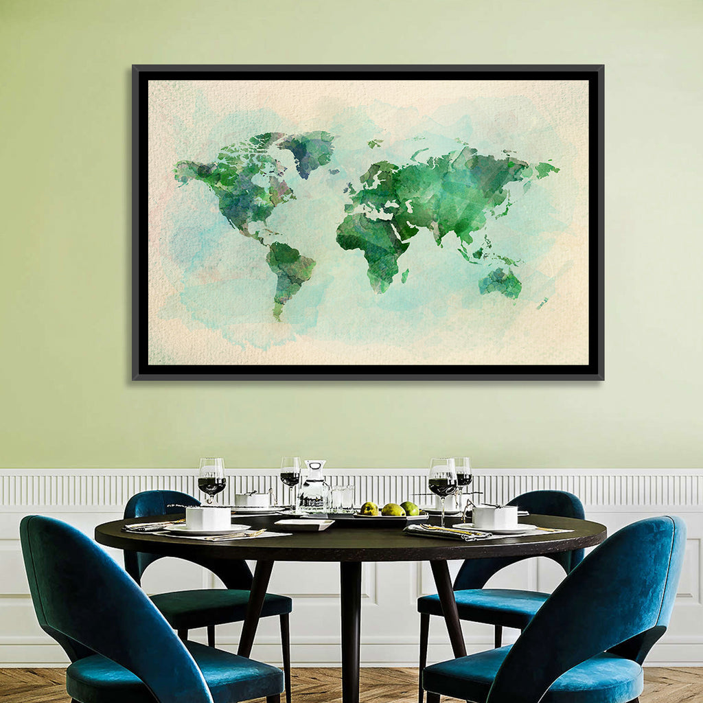 Green Watercolor World Map Wall Art