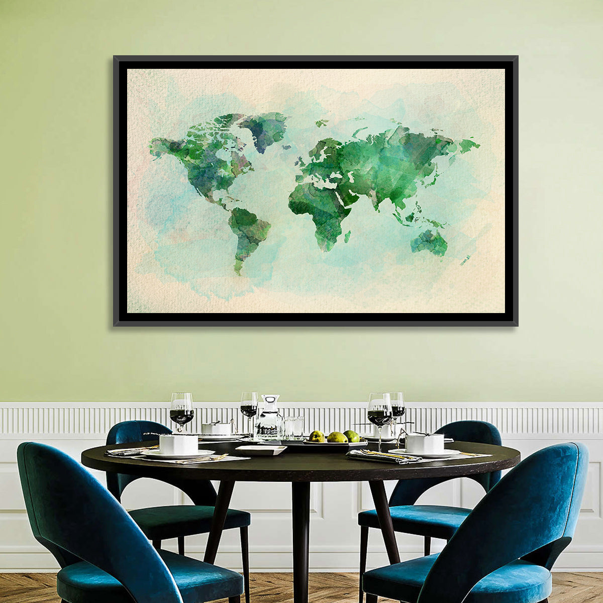 Green Watercolor World Map Wall Art in a room, landscape