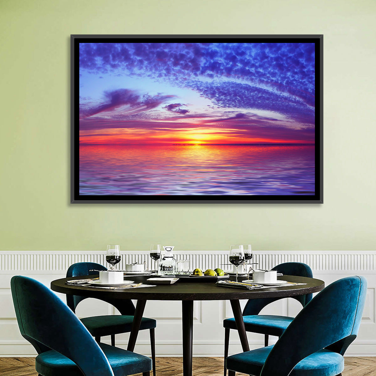 Bay Beach Sunset Wall Art in a room, landscape