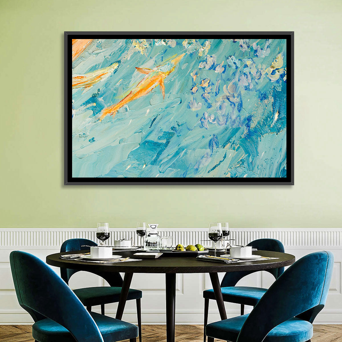Koi in Blue Abstract Wall Art in a room, landscape
