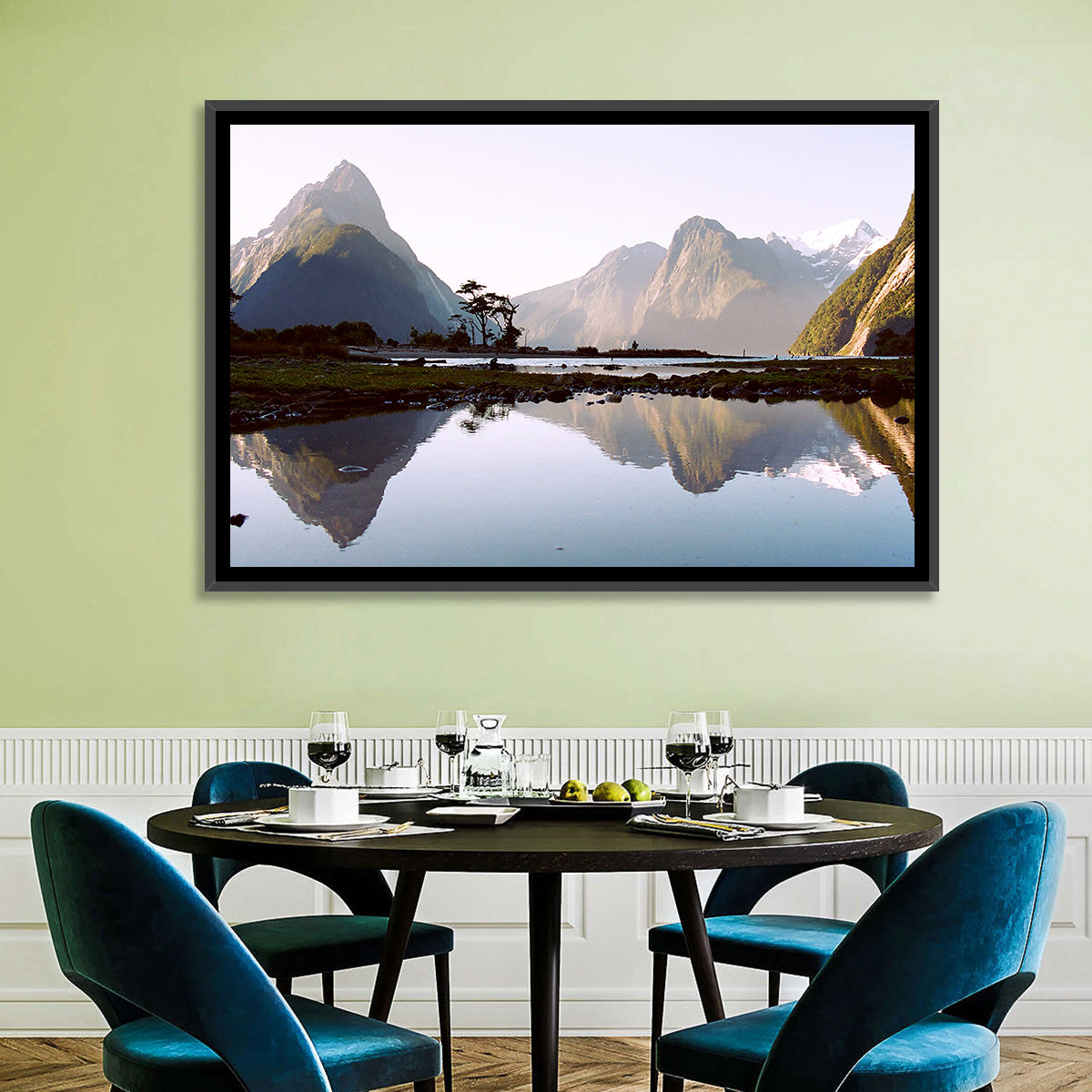 Mitre Peak Reflection at Milford Sound Wall Art in a room, landscape