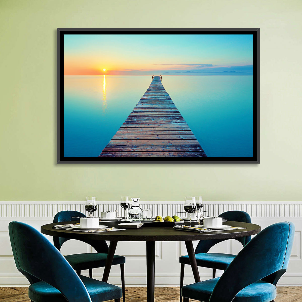 Wooden Footbridge at Sunset Wall Art in a room, landscape