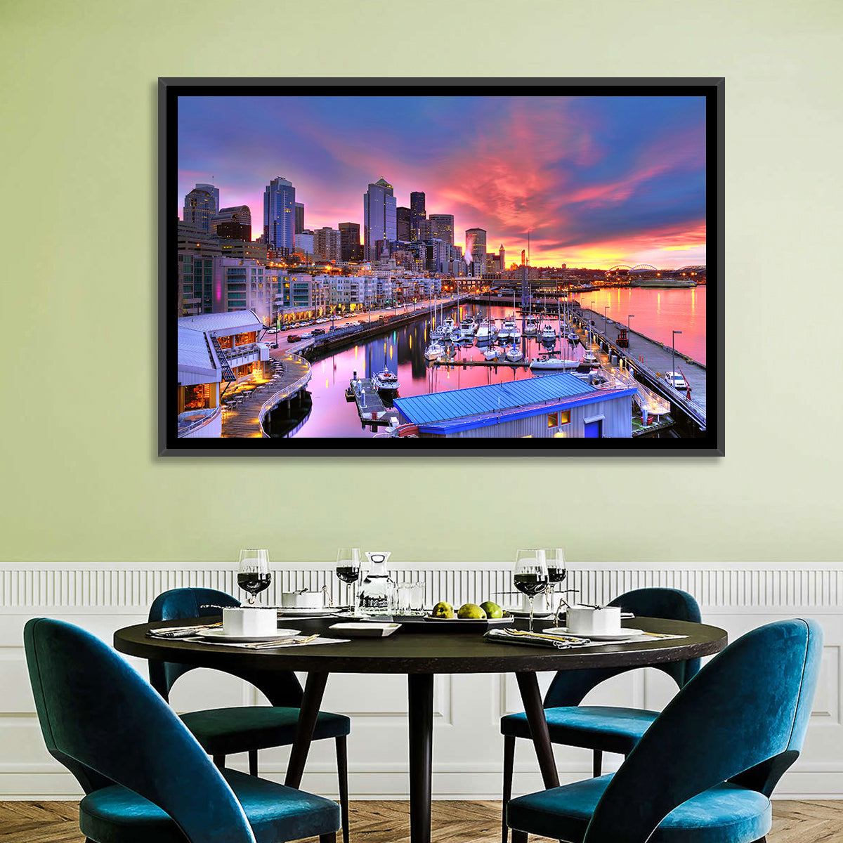 Seattle Skyline at Sunset Wall Art in a room, landscape