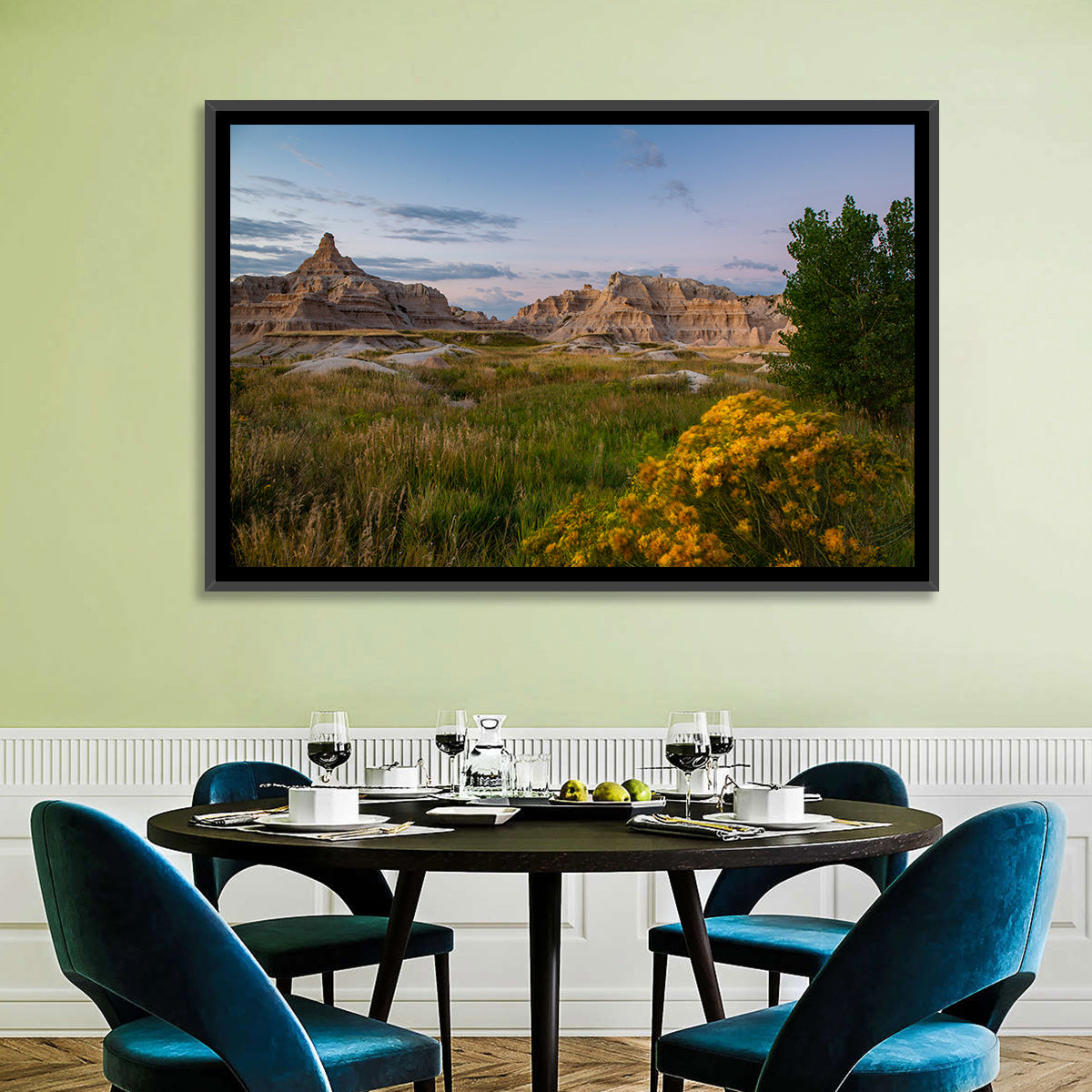 Badlands Golden Hour Meadow Wall Art in a room, landscape