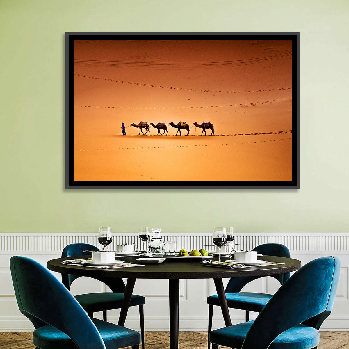 Sahara Camel Caravan Wall Art in a room, landscape