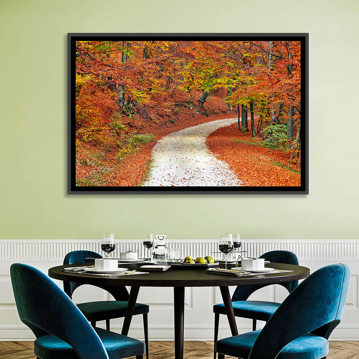 Misty Gravel Path Through Autumn Trees Wall Art in a room, landscape