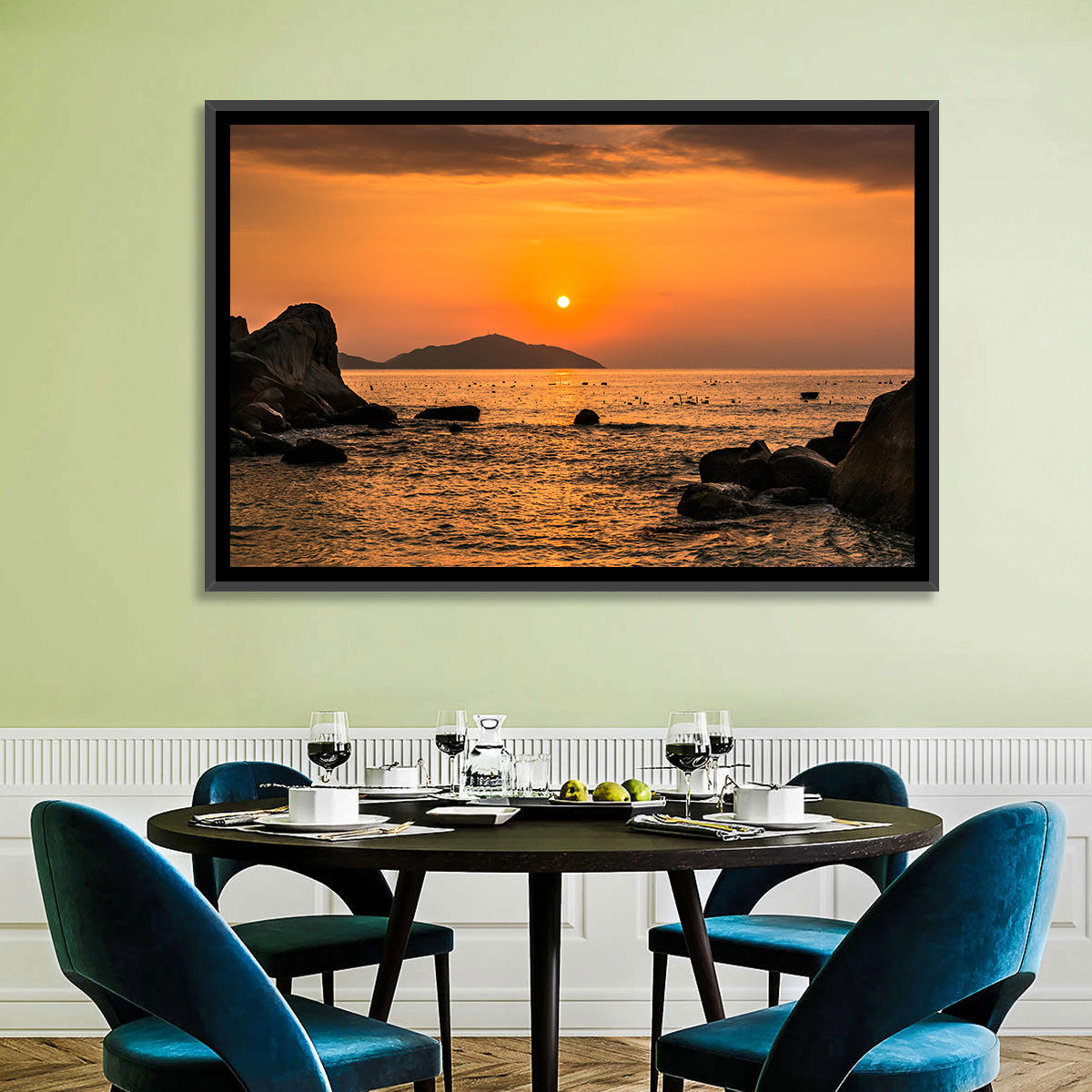 Orange Sunrise Over Rocky Coast Wall Art