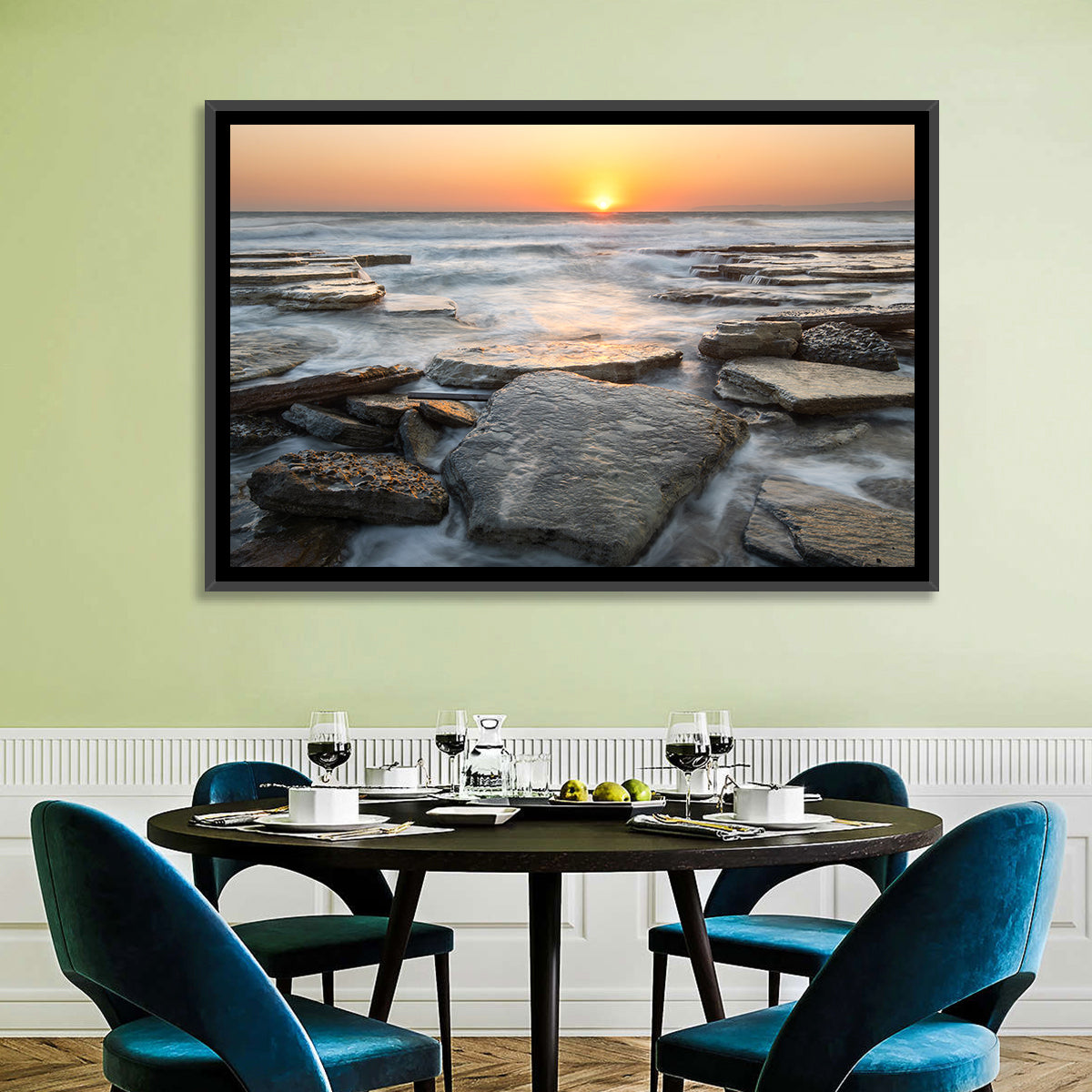 Golden Hour Rock Shoreline Sunset Wall Art in a room, landscape