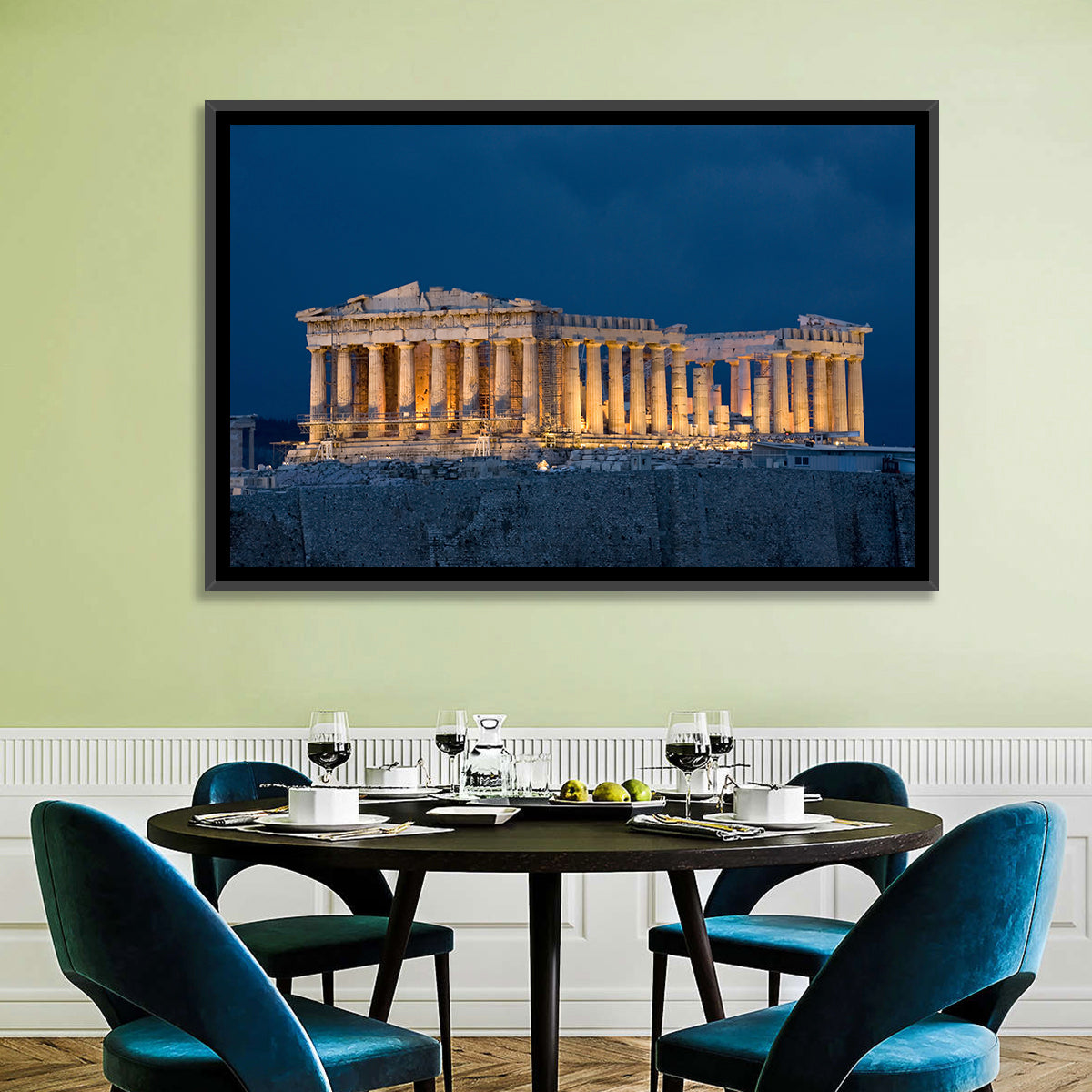 Illuminated Parthenon at Night Wall Art in a room, landscape