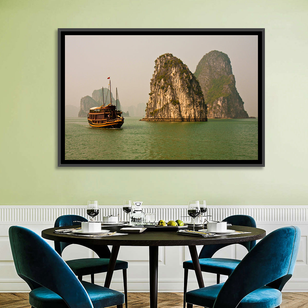 Ha Long Bay Junk Boat and Karst Cliffs Wall Art in a room, landscape
