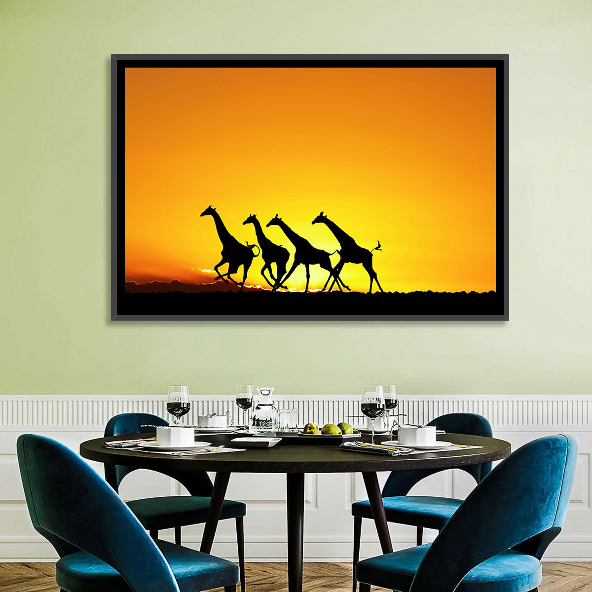 Savanna Giraffes at Sunset Wall Art in a room, landscape