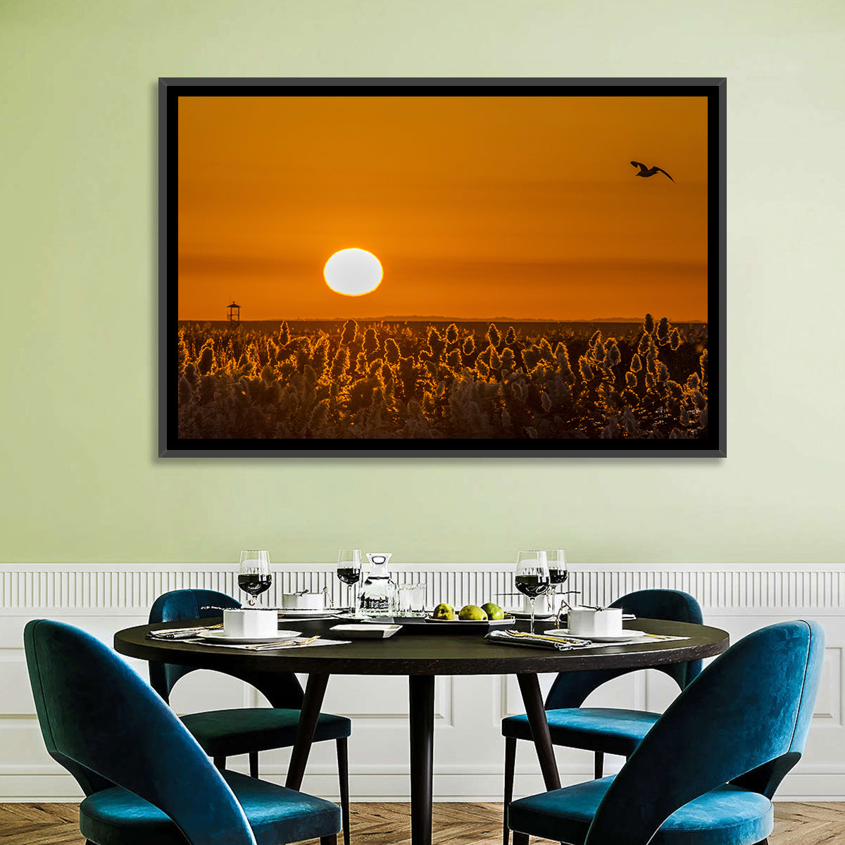 Golden Sunrise Over Reeds Wall Art in a room, landscape