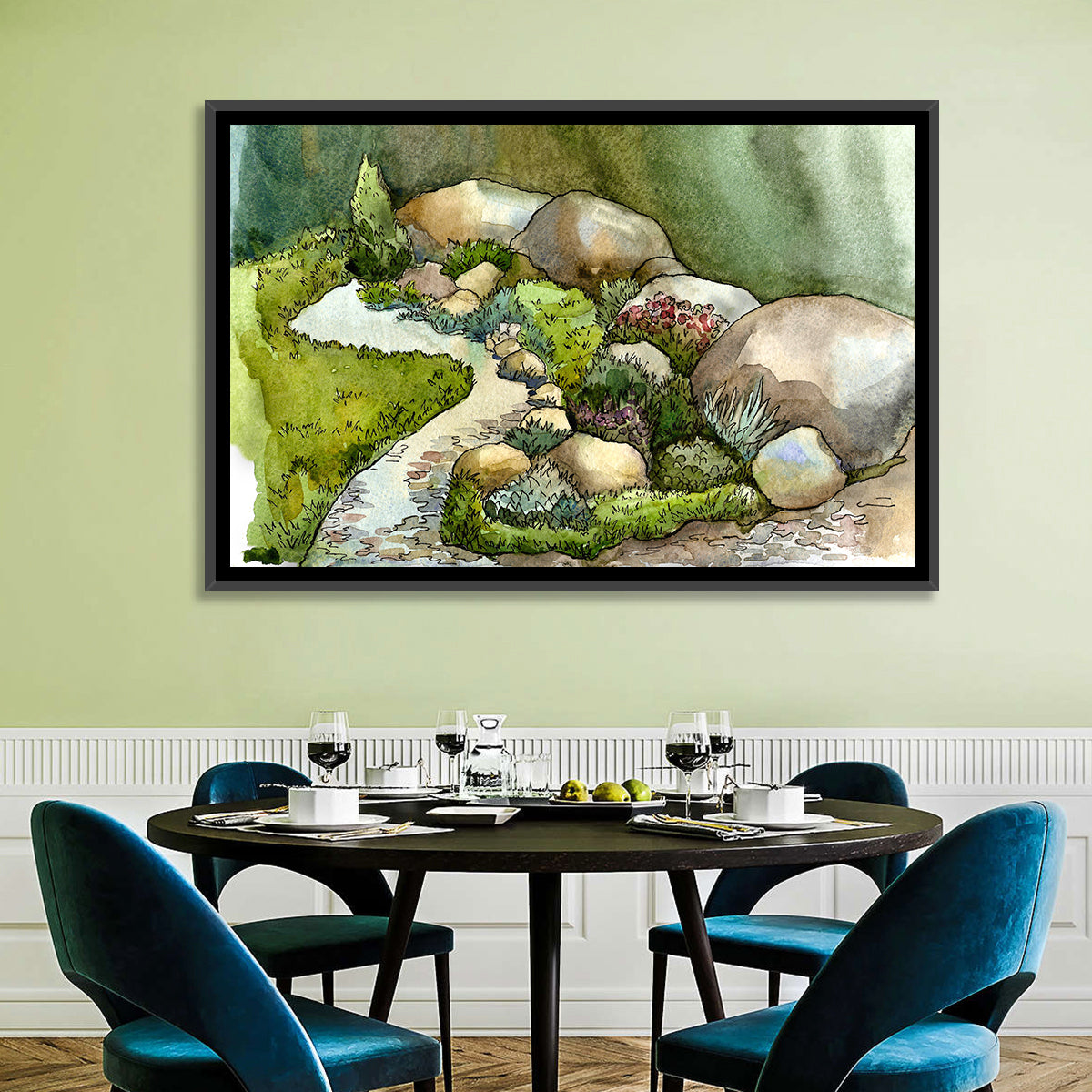 Watercolor Rock Garden Stream Wall Art in a room, landscape