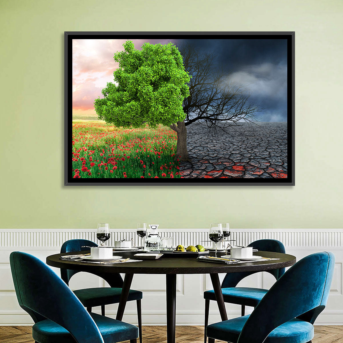 Split Climate Landscape Wall Art in a room, landscape