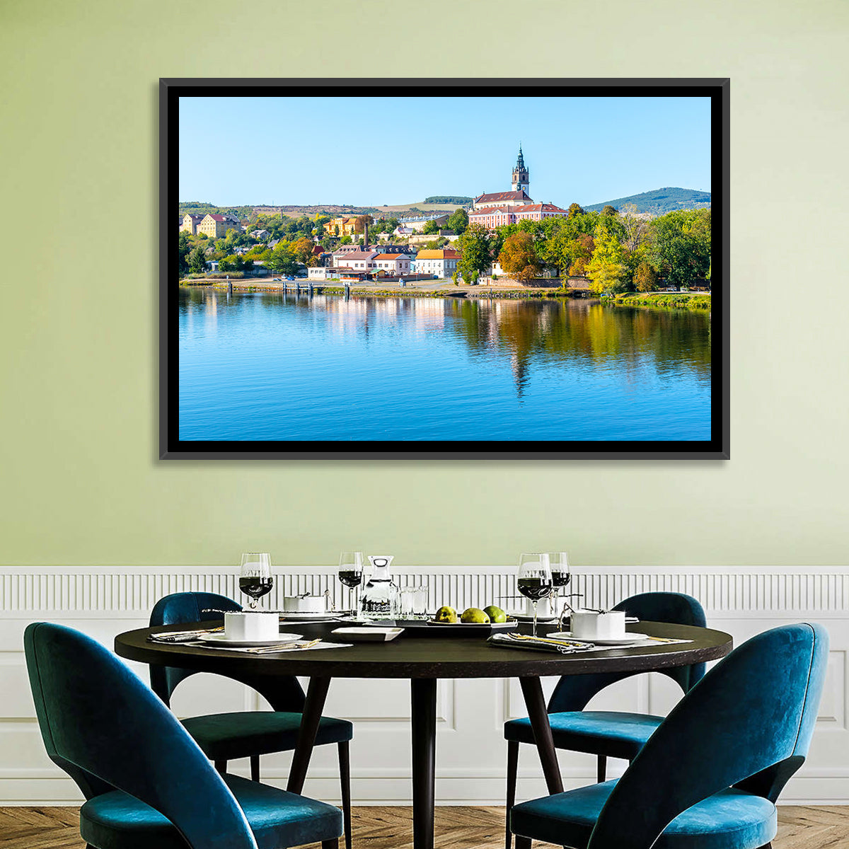 Roudnice Castle Riverbank Reflections Wall Art in a room, landscape
