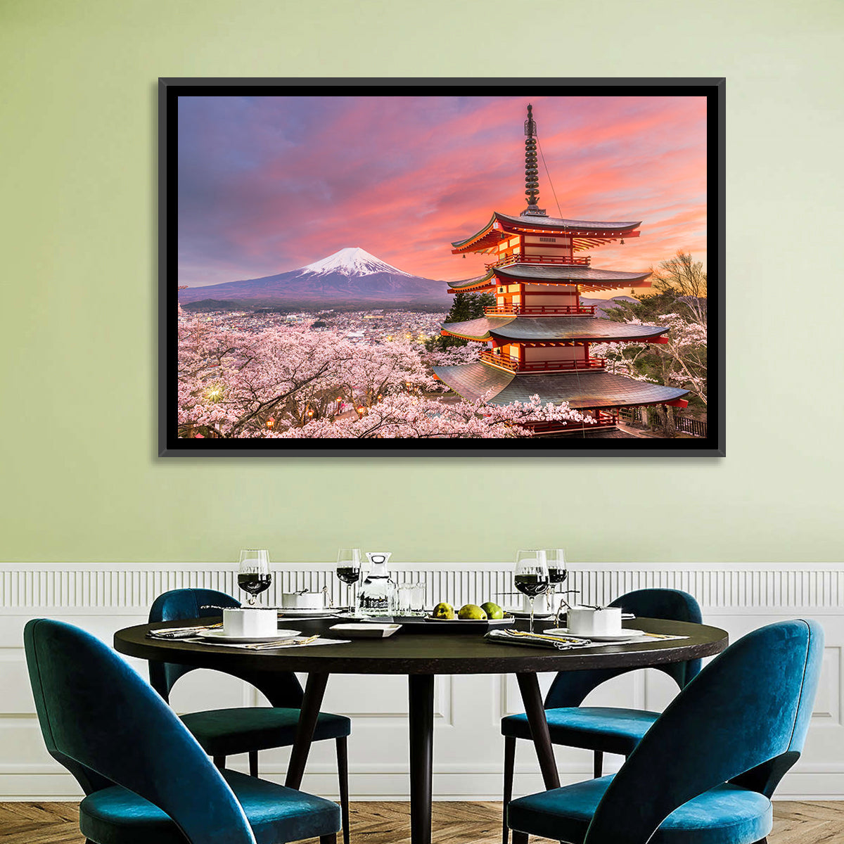 Chureito Pagoda and Mount Fuji at Sunset Wall Art in a room, landscape