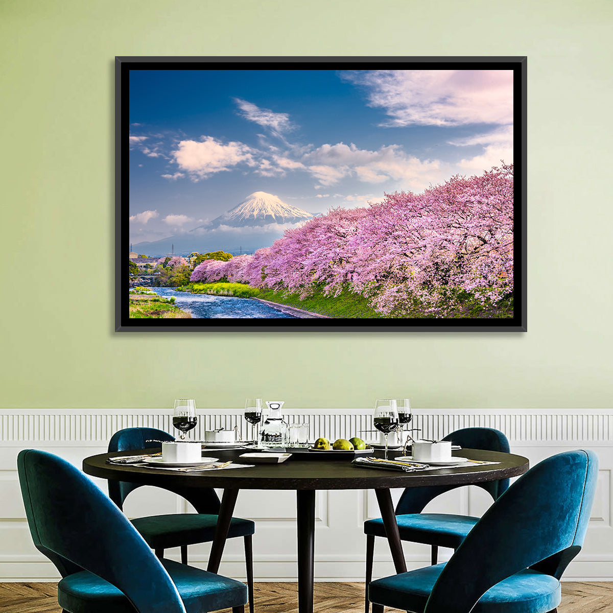 Mount Fuji Cherry Blossoms Wall Art in a room, landscape