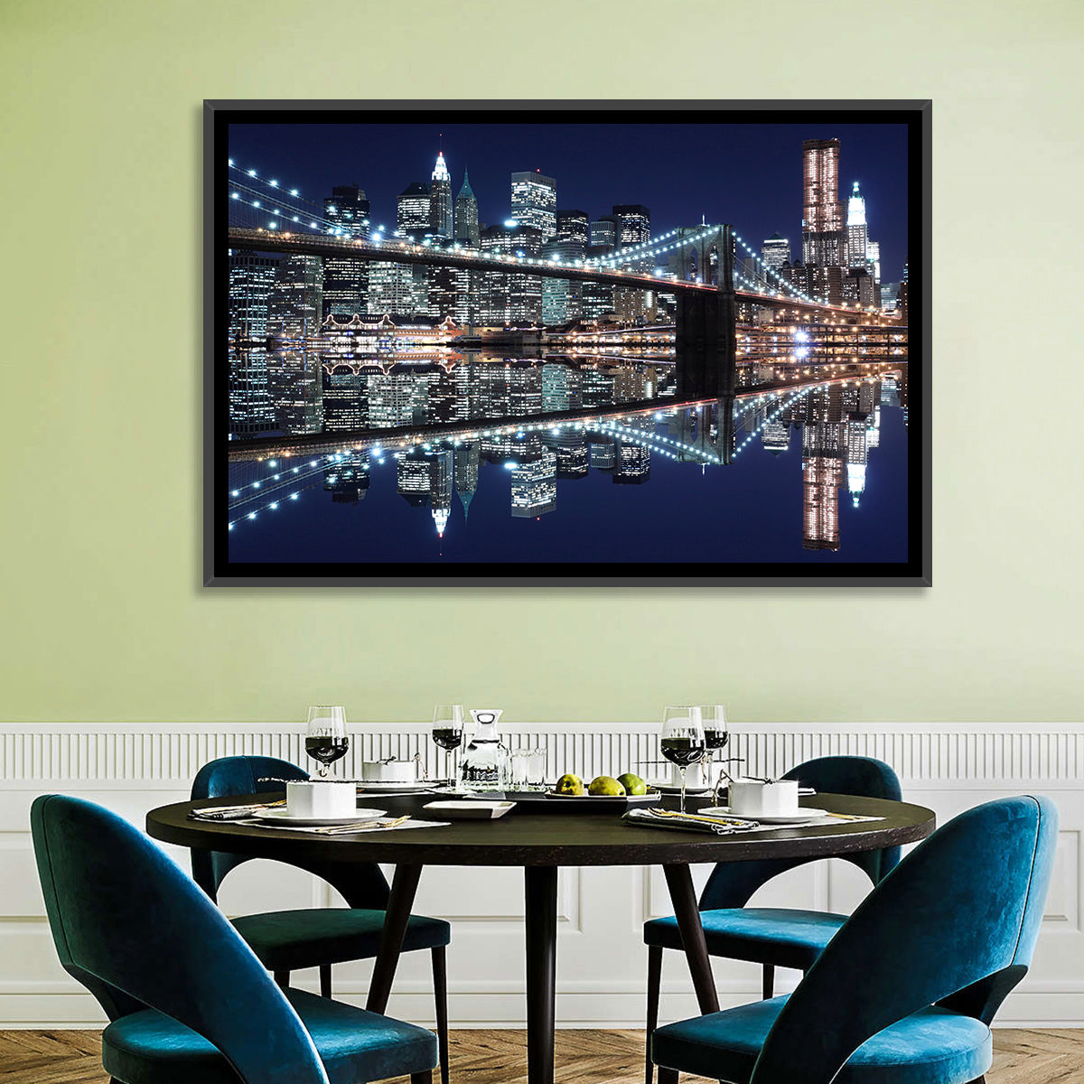 Brooklyn Bridge Symphony at Night Wall Art in a room, landscape