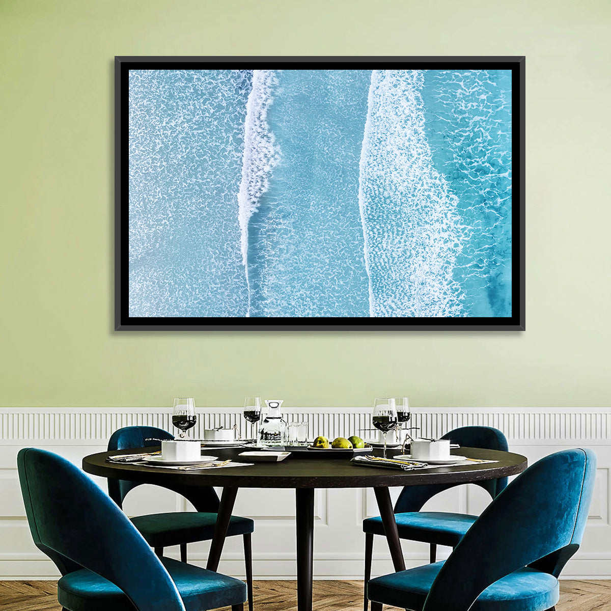Twin Breaking Waves Over Turquoise Sea Wall Art in a room, landscape